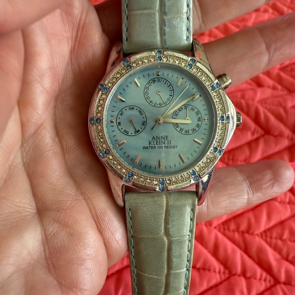 Anne Klein II Silver and Blue Watch with Blue and Clear Crystal Bezel